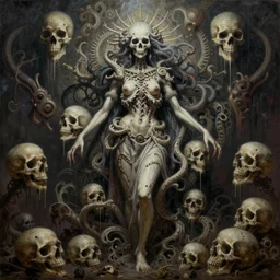 a hyper intricate oil portrait of a godess of death, drip painting, skulls, excelent composition, wide shot, by zdzislaw beksinski, intricate, horror atmosphere, unreal engine 5 highly rendered, global illumination