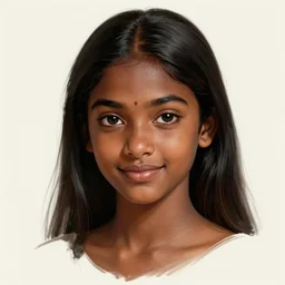 A bust of a beautiful black skinned Sri Lankan girl with smiling lips and smooth eyebrows and straight hair, HD, illustration, epic, fantasy, intricate, elegant, amazing detail, digital painting, artstation, concept art, smooth, sharp focus, illustration