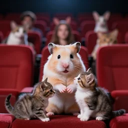 photo of a hamster, holding hands with a kitten, in a cinema, various poses, unedited, soft light, sharp focus, 8 k
