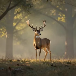 realistic proportioed alert buck white tail deer with large antlers standing in the distance on top of a hill with light shining through the trees in the early morning, global illumination, volumetric shadows, volumetric lighting digital painting, trending on artem, trending on deviantart,