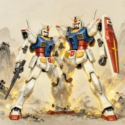 Gundam RX-93 VS Sazabi fighting pose, traditional Chinese painting style, beautiful, dynamic lighting, intricate detailing, gold glow, trending on art station, 8k