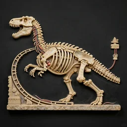 epic, flat shaped stone relief, mechanic bionic dinosaur skeleton dissection relief made from rollercoaster, with organs, cables, wires and tubes, by angus mckie, on a black wall, by Lorenzo Ghiberti, by Goga Tandashvili, artstation, cgsociety, at Khajuraho