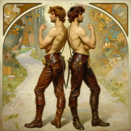 a homoerotic painting by gaston bussiere, craig mullins, alphonse mucha j. c. leyendecker of two men in love standing back to back | bandoliers, shirtless, leather clothing | natural lighting, path traced, highly detailed, high quality, digital painting, trending on artstation