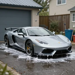 a very high resolution image from a new movie. carwashing a sportive car. 2 4 mm, photorealistic, photography, car photography, directed by wes anderson