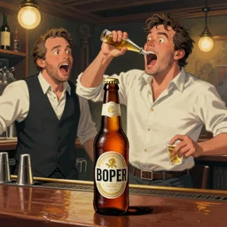 a drunken bottle of beer stands a bar yelling at the bar tender, art by dean macadam
