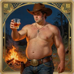 a dramatic, epic, ethereal painting of a handsome mischievous thicc shirtless cowboy with a beer belly wearing a large belt and offering food and whiskey | background is a late night campfire |  homoerotic | tarot card, art deco, art nouveau | by Mark Maggiori | trending on artstation