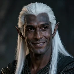a portrait of a dark drow elf male, mediumlong length slick white hair, charcoal skin, smooth skin, young adult in with late twenties, happy, pointed chin, charcoal color skin, curious expression, style by donato giancola, wayne reynolds, jeff easley dramatic light, high detail, cinematic lighting, artstation, dungeons and dragons