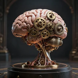 ultrarealistic steam punk neural network machine in the shape of a brain, placed on a pedestal, covered with neurons made of gears. dramatic lighting,