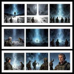 3 panel graphic novel layout creative layouts the cryogenic tears of hyperspace loneliness small unit tactics photorealistic graphic novel layout by syd mead michael komarck, greg rutkowski, victo ngai, artgerm, willem claesz heda and j. dickenson roger deakins