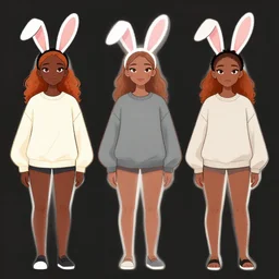 women, dark skin, ginger, cartoon, sweatshirt, concept art, concept art, bunny ears,