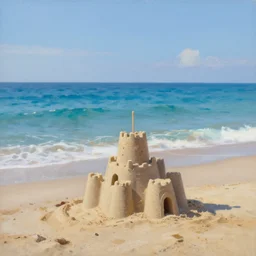 beautiful ocean with sand castle on the shore, clear sharp oil paint highly detailed ethereal, by trending on artstation, greg rutkowski, rhads