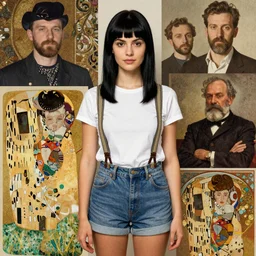a woman with black hair and long pixie haircut in shorts with suspenders and white t-shirt drawn by Camille Pissarro, norman rockwell, frank frazetta, alphonso azpiri, maler collier, peter paul rubens, alphonse mucha, gustav klimt 4k, unreal 5, DAZ, french noveau, trending on artstation, octane render, hyperrealistic