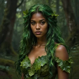 portrait of a forest mage, female, delicated facial features, dress made of green leaves, gorgeous, green hair, brown skin, curves, forest background, highly detailed, sharp focus, chiaroscuro, digital painting, artgerm and greg rutkowski and alphonse mucha