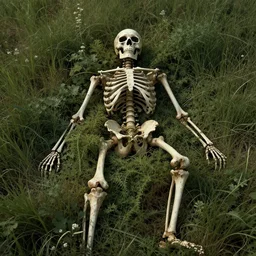 a skeleton lies in a field as the weeds and kudzu grow through it by hr giger, symmetrical, detailed, intricate, photorealistic, light raytracing, depth, realistic textures, cinematic lighting