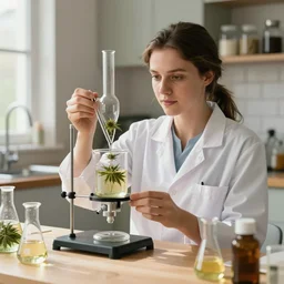 environment portrait of sensible australian young female scientist ( conducting ) cannabis science experiment in homely kitchen environment, luxury beakers funnels and jars, extraction of oil from the plant, medicine, caustics, glassware, natural sunlight, octane render 8 k trending on artstation
