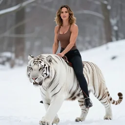 portrait of muscled Jennifer Connelly riding a fierce large white tiger, wintery scene, snow storm, Donato Giancola, Mark Brooks, Ralph Horsley, Charlie Bowater, Artgerm, Christopher Balaskas, Bastien Lecouffe-Deharme