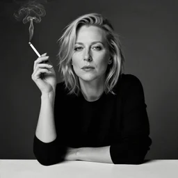 overpainted photography portrait of young meryl streep smoking a cigarette at a table by cindy sherman and gerhard richter, dim light, minimalist, black and white