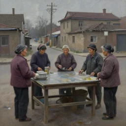 dark oil realistic painting several old women are standing around an empty street stall in a communist suburb
