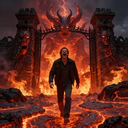( a screaming man walks on lava towards the gates of hell ) by barlowe wayne, photorealistic, dynamic lighting, very detailed faces, trending on artstation, wallpaper, dream, 4 k, award winning, vivid colors, beautiful fire