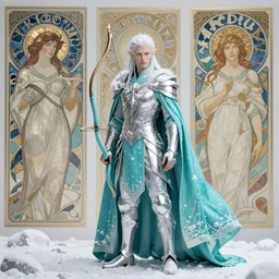 an epic concept art of a handsome androgynous male snow elf with a bow in a turquoise cape and silver armour, albino skin, winter vibes, elegant, very coherent symmetrical artwork, by tomasz alen kopera and alphonse mucha and charlie bowater, photorealistic, sharp focus, octane render, rtx, hdr, unreal 5, trending on artstation