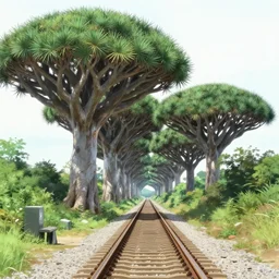 tunnel of love, dragon blood tree, liquid railway, by shunji dodo, 8 k resolution, high quality