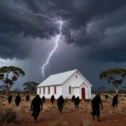 a multitude of shadowy demons approaching a small, white, wooden church in the outback during a massive australian thunderstorm. 4 k
