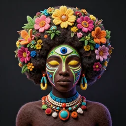 symmetry!!, an african marijuanna shaman with an afro made of flowers, third eye art art by machina infinitum, complexity from simplicity, rendered in octane, mandelbulb 3 d, ambient occlusion, macro photography, felt!!! texture, tribal, neon! retrowave
