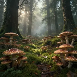forrest full of mushrooms, superwide angle, light through the mist, dramatic lighting, photorealistic, cinematic lighting, high detail, cinematic feel, high octane, 4 k, unreal engine, digital render, intricate, ultra realistic, concept art