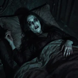 ancient cursed witch staring at you while you sleep, grainy, found footage, horror