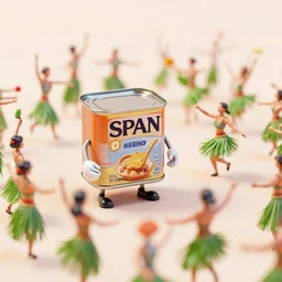 a tiny can of spam with arms and legs attacking an army of tiny hula dancers in grass skirts, octane render