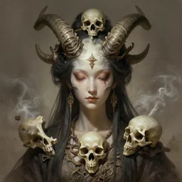 stunning taoist goddess of skull portrait, horns, bones skull, dirt, smoke background fantasy, intricate, elegant, highly detailed, digital painting, artstation, concept art, smooth, sharp focus, illustration, art by afshar petros and krenz cushart and artem demura