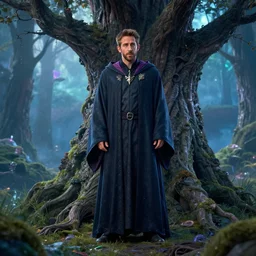 ryan reynolds wearing wizard robes stands against magical tree romance novel fantasy artwork epic detailed and intricate digital photo trending on artstation by wlop octane render