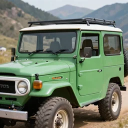 closeup of a green Toyota Fj43 build in 1981, traveling through the mountains, black roof, with a roof rack, detailed, in the style of Leonardo da Vinci, 8K, octane render, 8K,