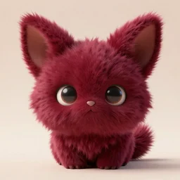 cute fluffy plushy fantasy creature with maroon fur and huge ears and eyes