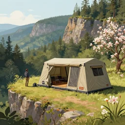 cabela's outdoors popup micro - compact modular hard shell pod home, quick assembly, utilitarian, glamping, person in foreground, cliffside mountainous forested wilderness open fields, beautiful views, painterly concept art, joanna gaines, environmental concept art, farmhouse, magnolia, concept art illustration by james gurney, by craig mullins, by greg rutkowski