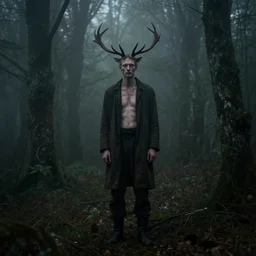 an old photo of a tall pale man with antlers deep in a dark foggy forest