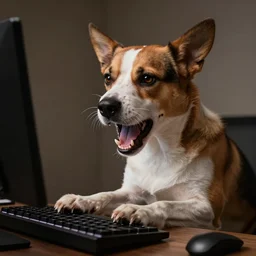 barking angry dog typing on keyboard photo dramatic lighting