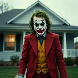 the joker fused with Jason from Friday the 13th, in front of a house, sinister photo, terror, photo realistic