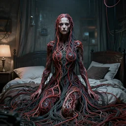 rgb, woman, bedroom, cinematic, movie scene, inspired by zdzislaw beksinski, clothes made out of veins,, cables everywhere, bedroom, ultra realistic, concept art, intricate details, highly detailed, photorealistic, octane render, 8 k