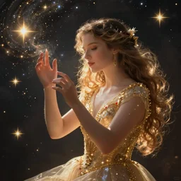 beautiful woman playing music of the stars, merging with eternity