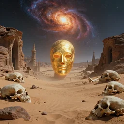 glowing bene gesserit in full - face golden mask in a dry rocky desert landscape with lovecraftian abandoned city beneath the sand, giant bones everywhere, super nova explosion in the sky by christopher doyle and alejandro jodorowsky, anamorphic lens, kodakchrome, cinematic composition, very detailed photo, 8 k,