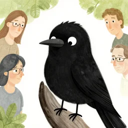 random black bird with facial expression. illustrated by, fiona staples, dustin nguyen, peter elson, alan bean,
