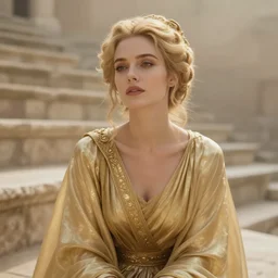 cinestill 5 0 d portrait of a beautiful dreamy woman by annie liebovitz, sitting in a ancient theatre, pale gold tonal glossy, hair intricate style, wearing are intricate ancient dress, elegant, highly detailed, soft foggy blur, artstation, sharp focus, head in focus,