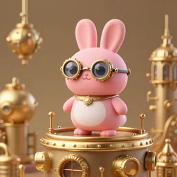 shaggy round pink rabbit with steampunk glasses, standing in the top of a steampunk building, art by ovopack, tatsuro kiuchi, yoji shinkawa, cute, cartoon, 3 d art, 8 k, c 4 d, unreal engine, fantasy, gold color scheme, perfect lighting, smooth, digital art, concept art, trending on artstation