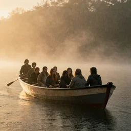 people in boat, Artstation, Confident, fog, rain, volumetric lighting, beautiful, golden hour, sharp focus, ultra detailed, cgsociety by Leesha Hannigan, Ross Tran, Thierry Doizon, Kai Carpenter, Ignacio Fernández Ríos, noir art house, 4k, 35mm, fujifilm