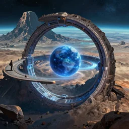 intergalactic stargate portal on a planet with a mountain in the background by coby whitmore and jim burns