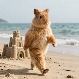 a hot furry walking on the beach with a sand castle behind her