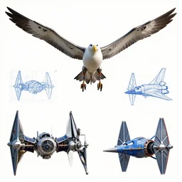 a mechanized albatross with wings spread out, orthographic view, top down view, bottom view, side view, blueprints, tie fighter, mecha, cybernetic, jet fighter, space shuttle, robotic, highly detailed, artstation, super realistic, unreal engine