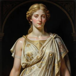 body portrait of beautiful greek goddess, wearing an ornate toga with intricate floral patterns, by terry o'neill intricate, elegant, highly detailed, digital painting, glistening skin, artstation, concept art, smooth, sharp focus, bold lighting, illustration, art by artgerm and greg rutkowski and alphonse mucha, 8 k