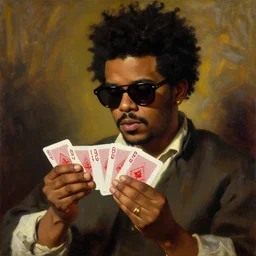 the weeknd wearing sunglasses and playing cards by caravaggio, brown skin, classical painting, digital painting, romantic, vivid color, oil painting